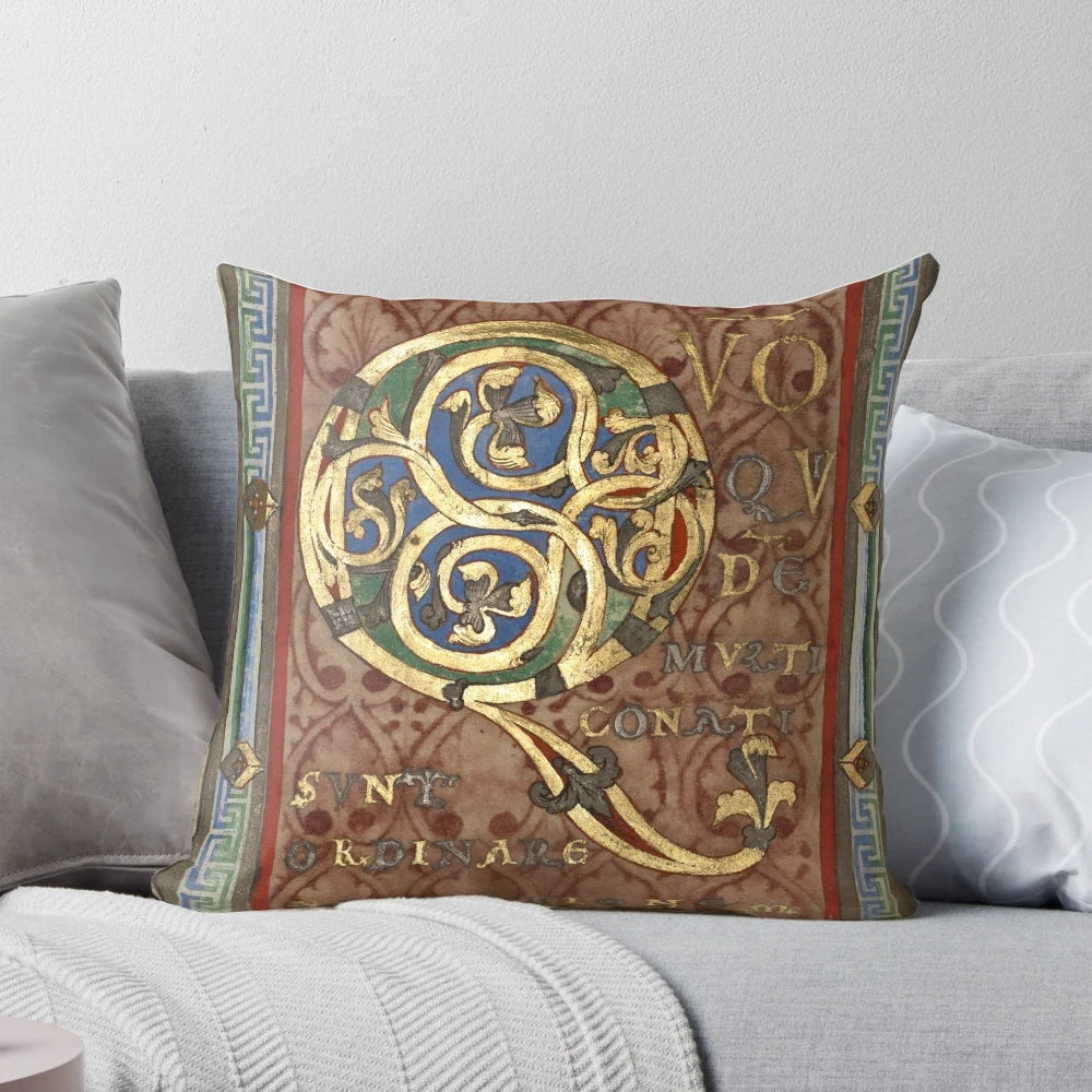 Decorative medieval manuscript initial in gold, featuring the opening of Luke's Gospel