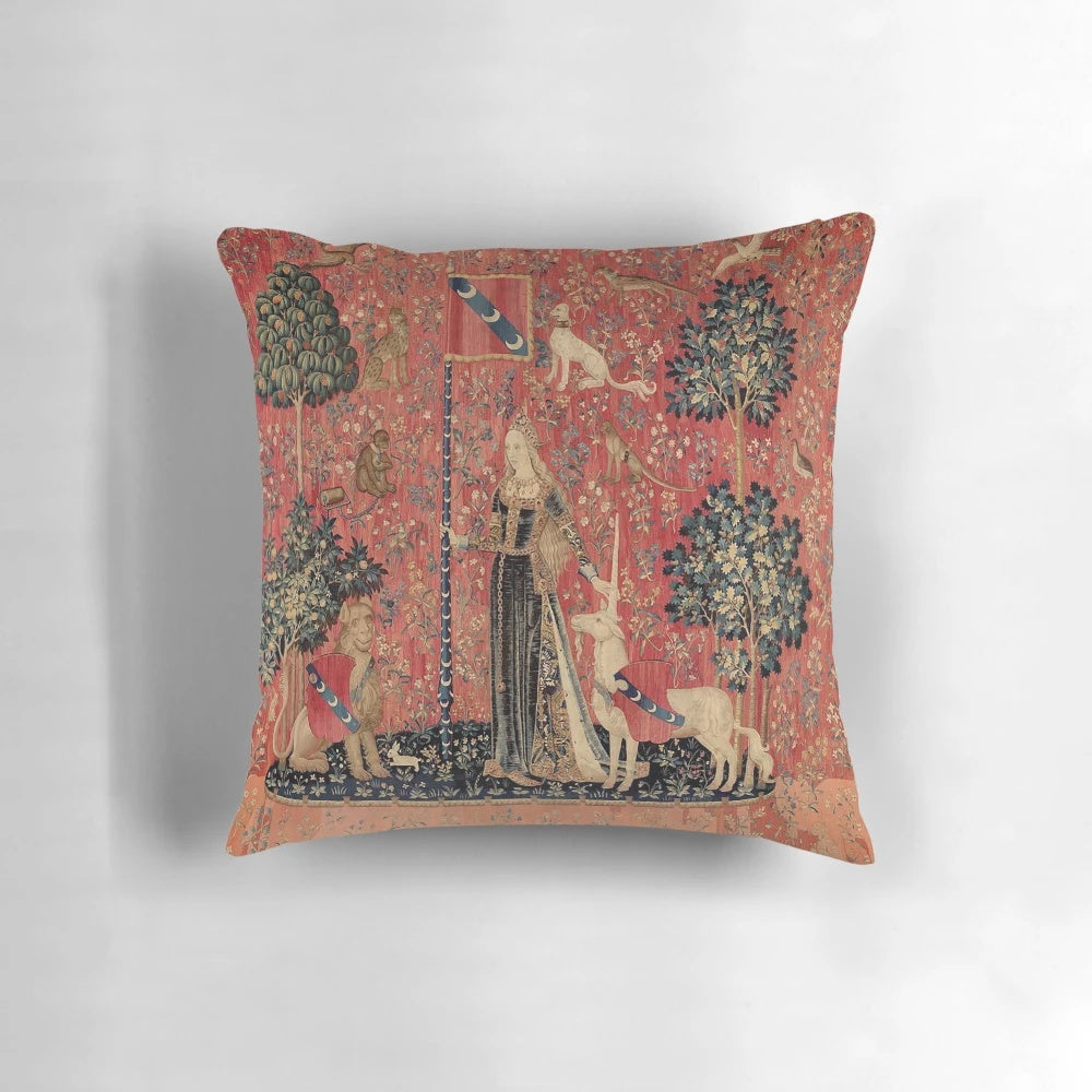 Vibrant medieval unicorn floral tapestry design printed on a decorative pillow for a touch of fantasy and elegance in your home.