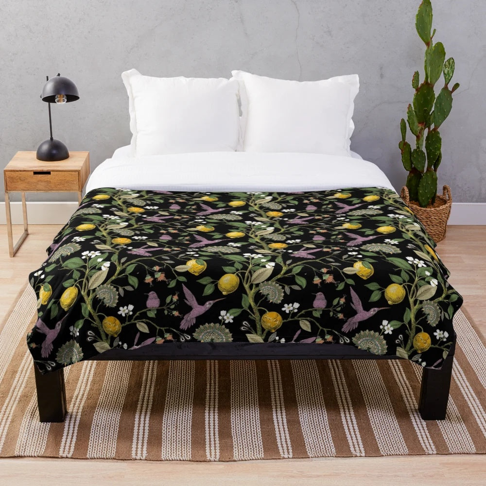 Midnight Floral Plush Blanket with Mythical Elements