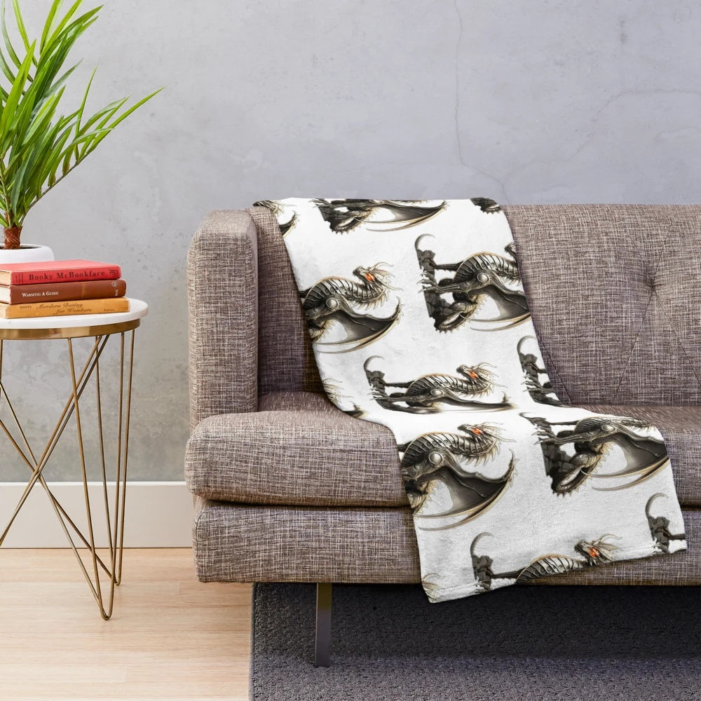 Enchanting plush blanket featuring an armored knight and dragon in a fantasy landscape