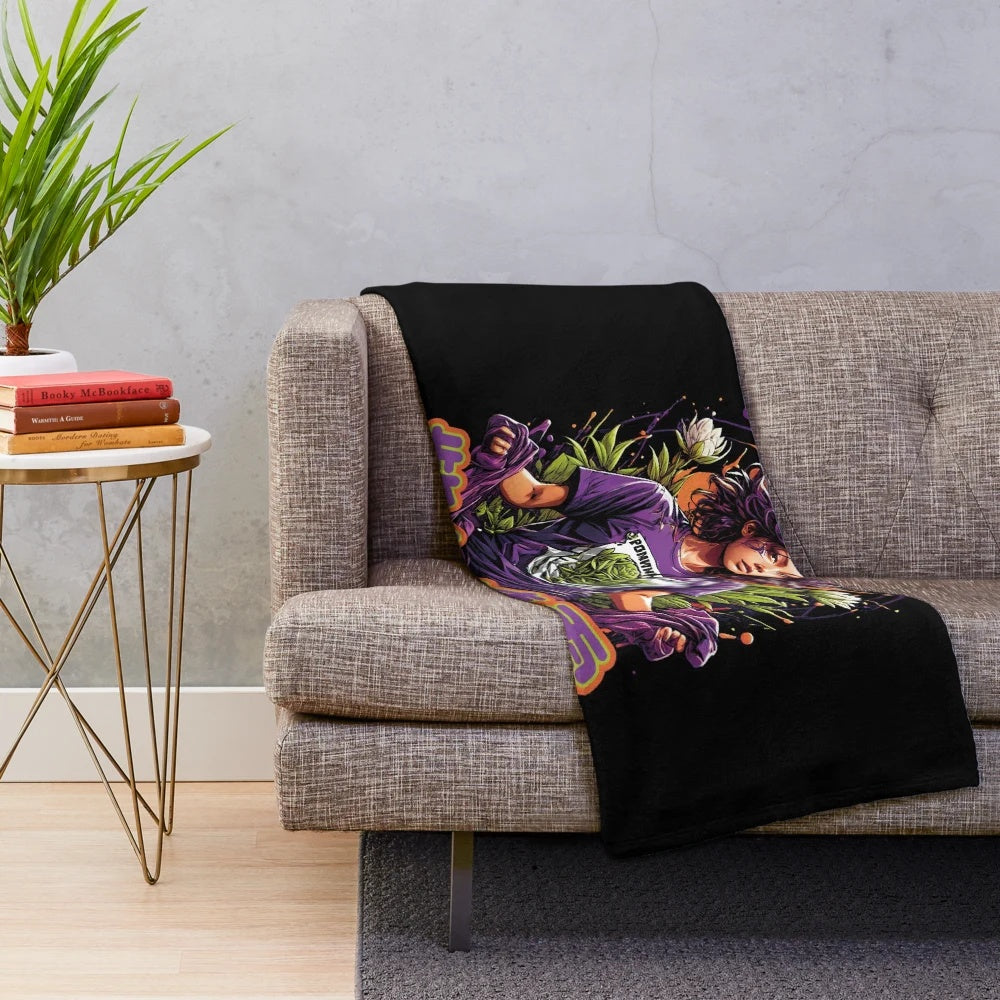 Enchanting purple plush blanket featuring vibrant fantasy artwork