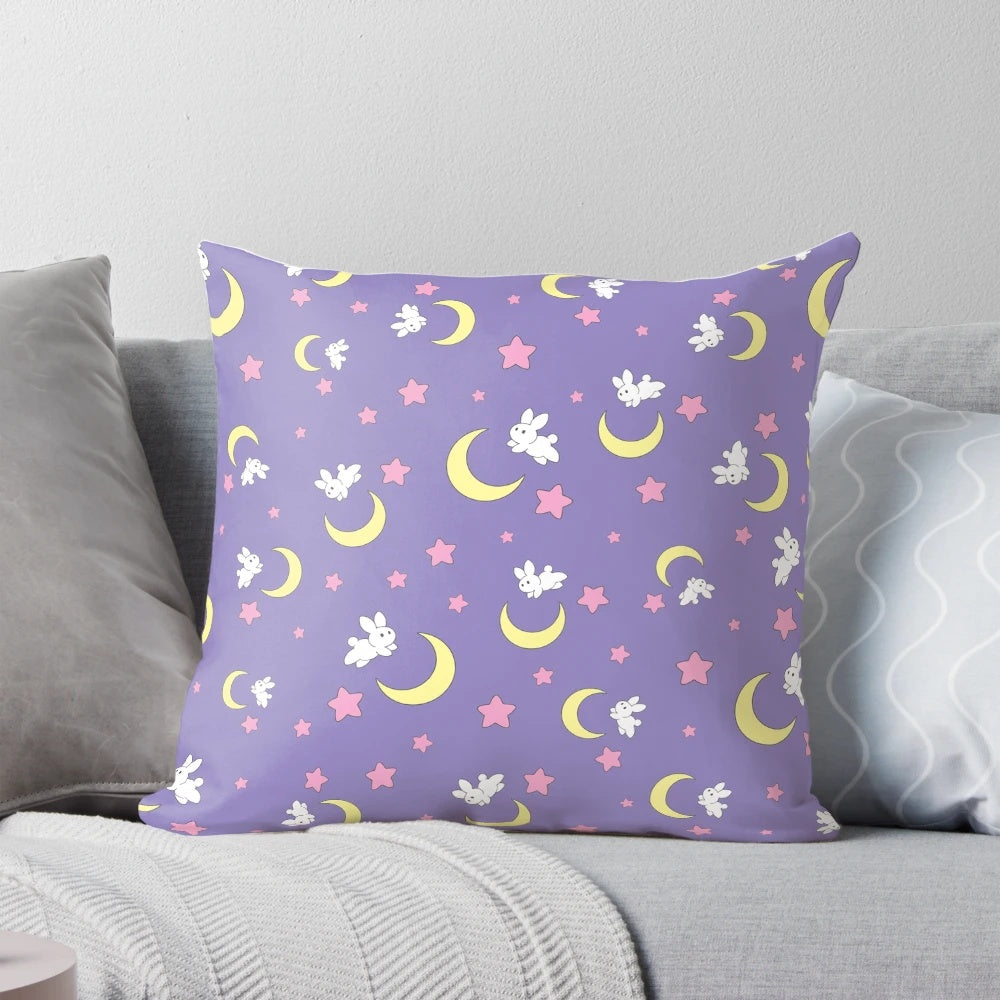 Soft, plush pillow featuring a Sailor Moon inspired crescent moon design with a cute bunny or chibi character.