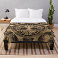 Tree of Life Yggdrasil design plush blanket featuring wood bark and golden accents