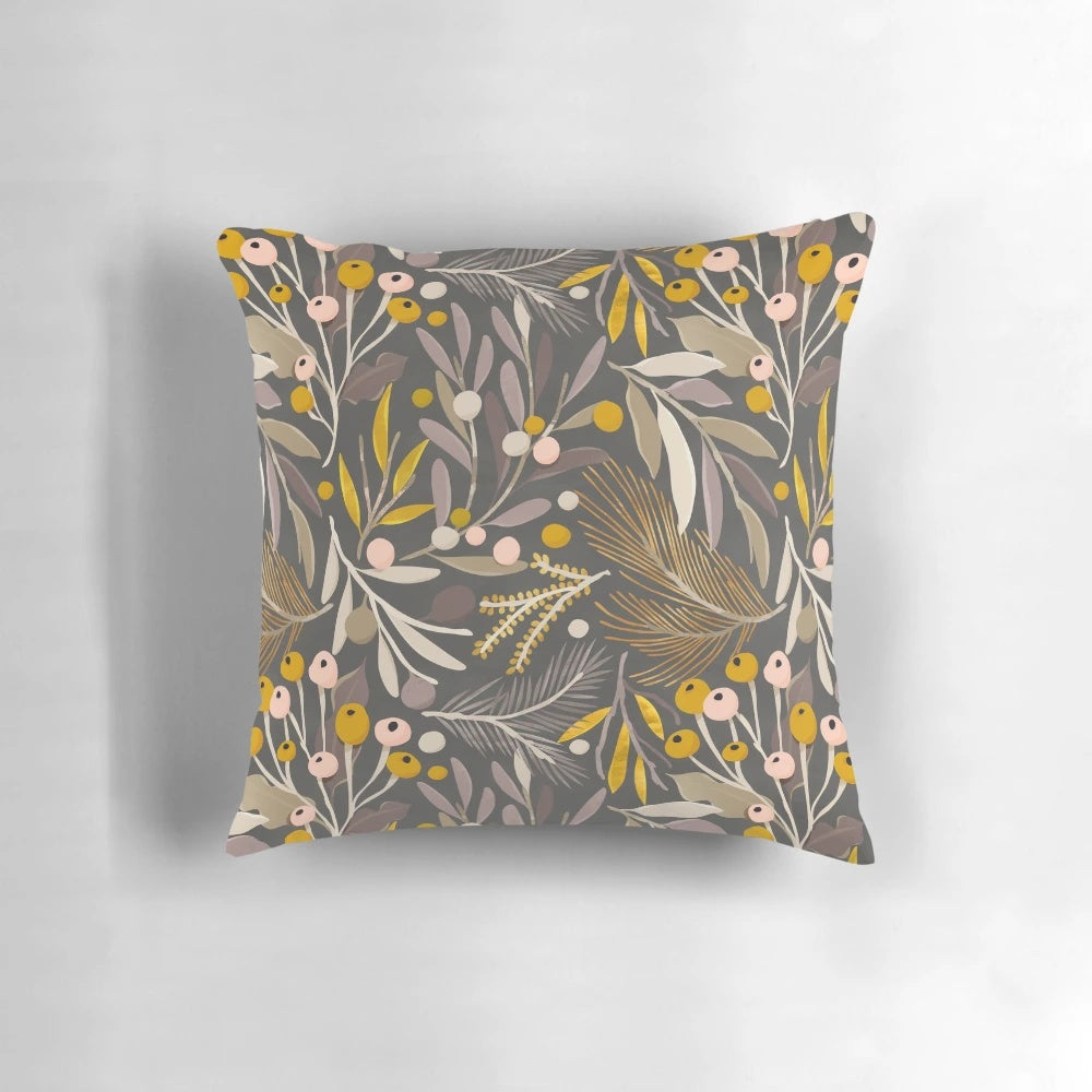 A beautifully crafted watercolor botanical pillow with delicate floral and leaf patterns, perfect for adding a touch of nature-inspired style to your living space.