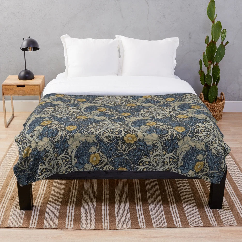 William Morris seaweed inspired plush blanket with nature-based artwork