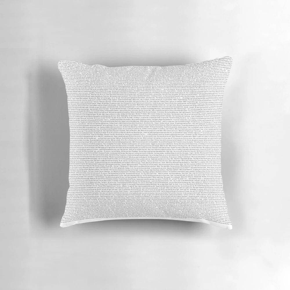 Shrek script printed on a large, soft, plush pillow