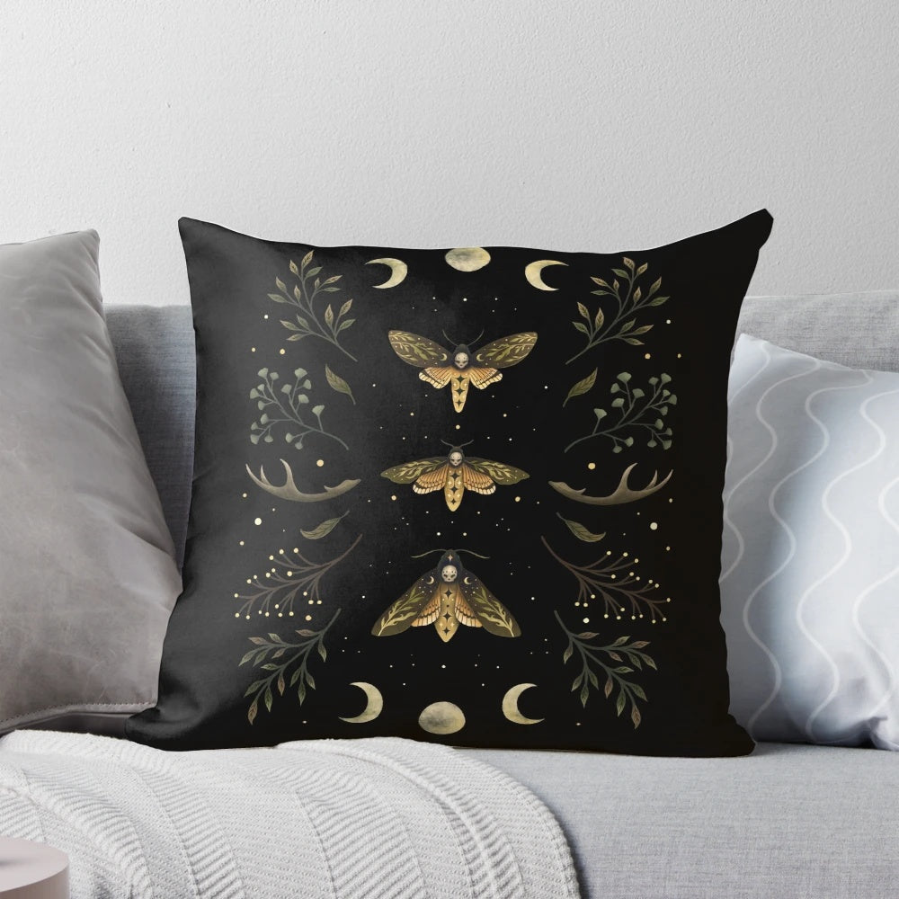 Detailed illustration of a night moth on a dark, rustic pillow with a full moon and autumn leaves in the background
