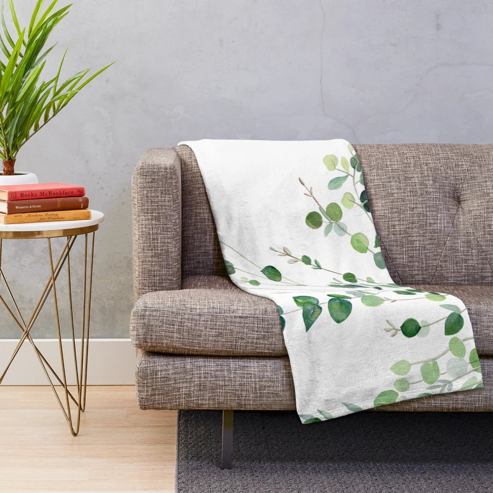 Eucalyptus watercolor print plush blanket