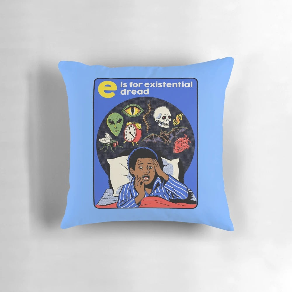 Existential Dread Pillow featuring a retro, horror-themed design with a skull and alien motif