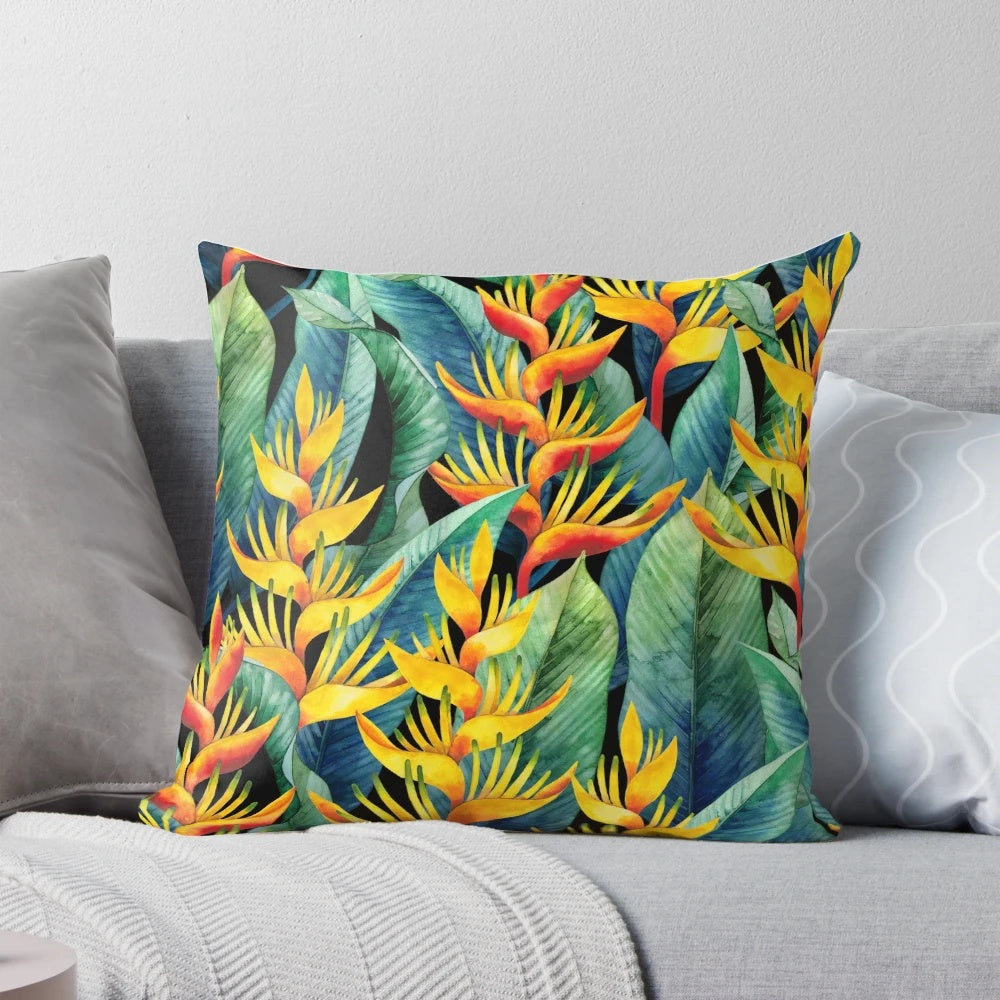 Vibrant watercolor heliconia flower print on a soft, plush pillow for a tropical, spa-like ambiance.