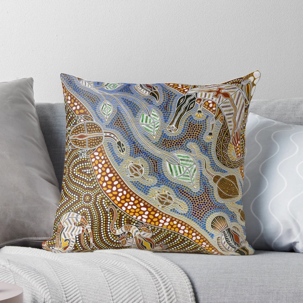 Colorful and intricate aboriginal art design featuring turtles, goannas, and other iconic Australian animals on a premium throw pillow.