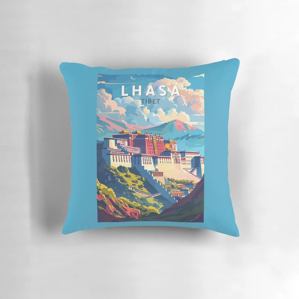 Vintage landscape pillow featuring the iconic Lhasa, Tibet and its Himalayan backdrop