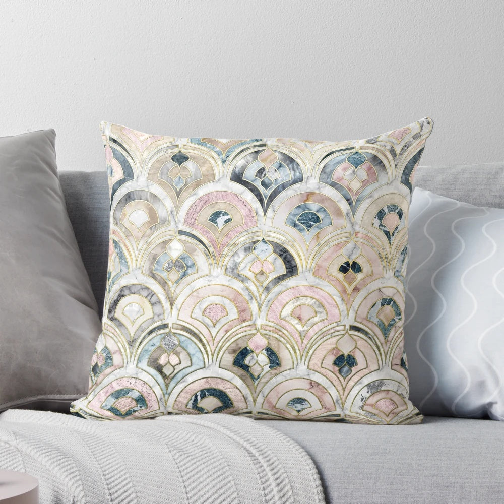Soft pastel pillow with an elegant art deco marble tile pattern