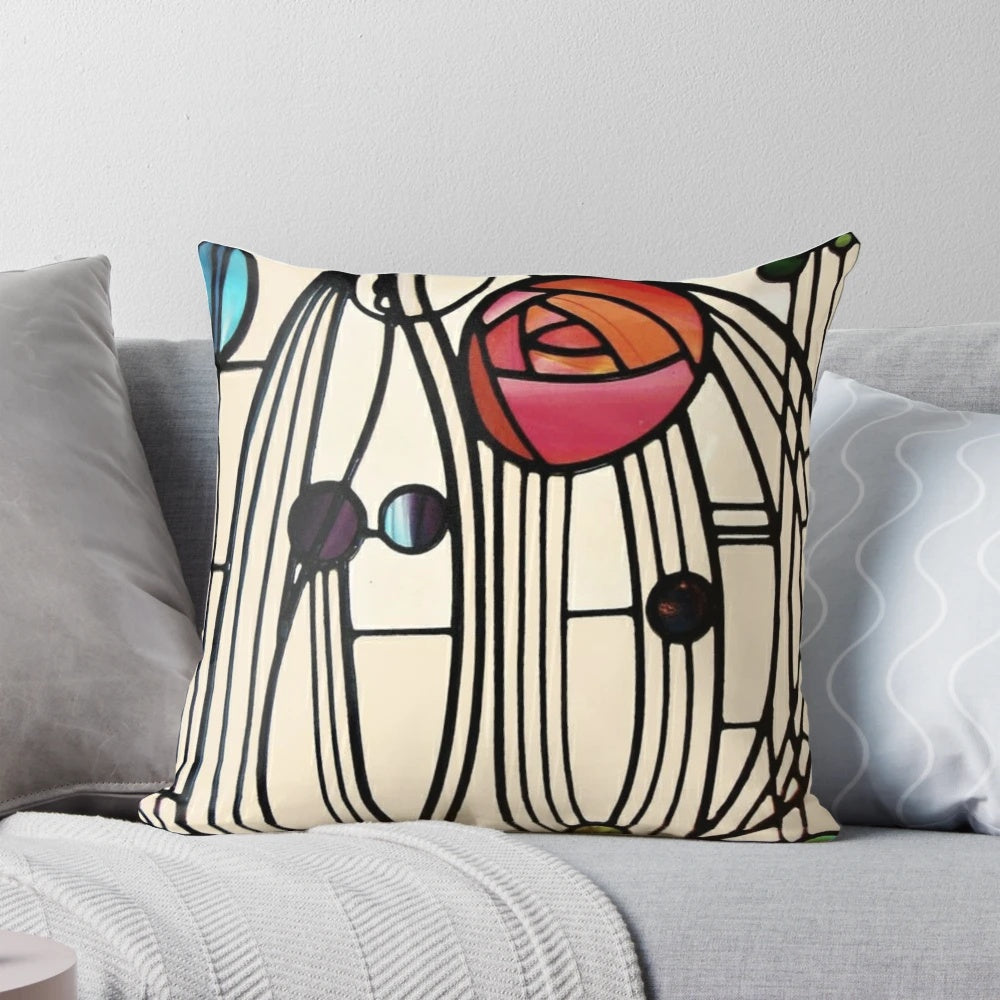 Pillow featuring a beautiful Charles Rennie Mackintosh inspired design with flowers and architectural elements
