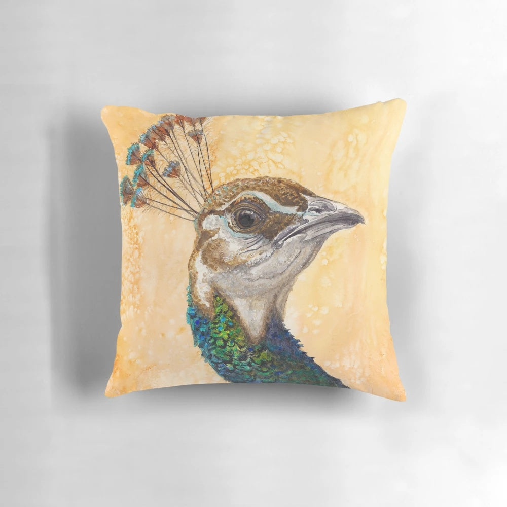 Peahen Pillow featuring a vibrant watercolor painting of a majestic peahen bird