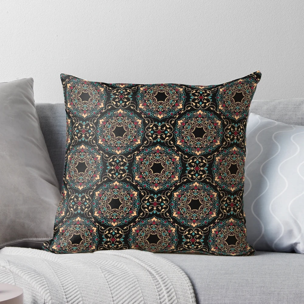 Ornate Persian-inspired pillow with intricate floral and geometric patterns