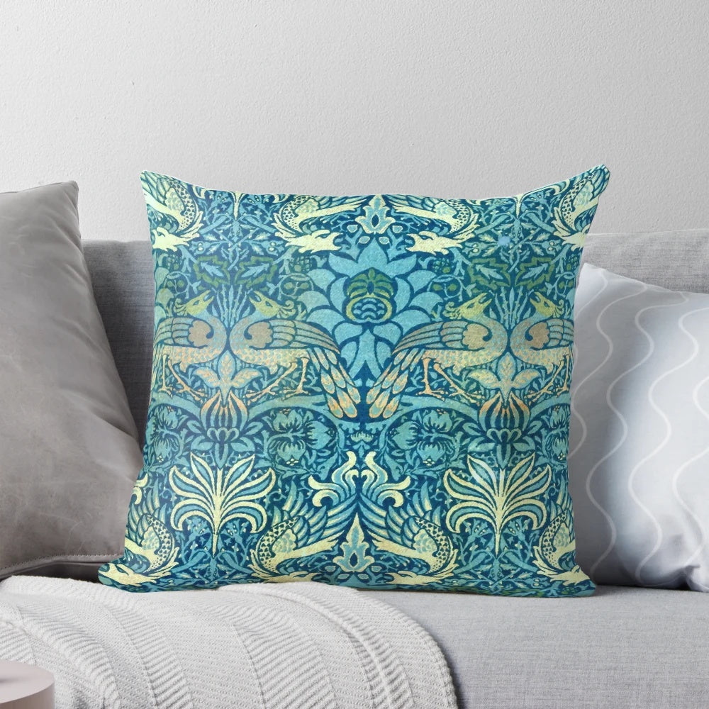 Elegant william morris peacock and dragon design decorative pillow for victorian home decor