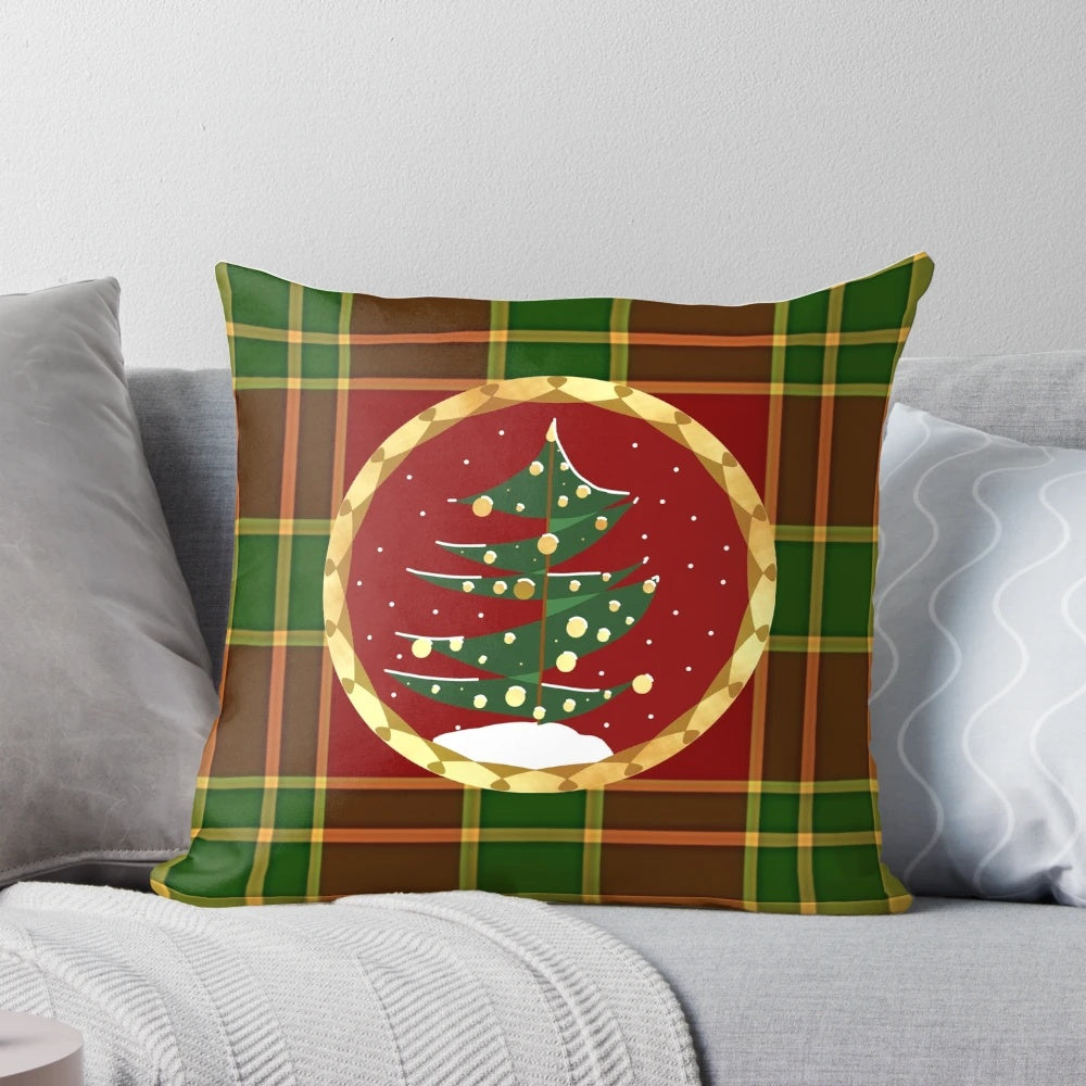 Abstract Christmas tree design on a red and green gingham pillow