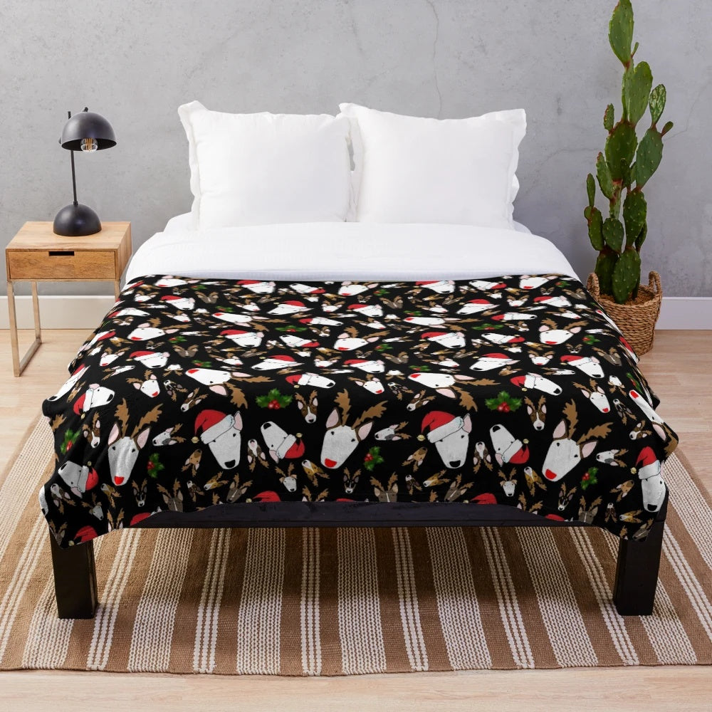 Festive bullterrier dog illustration on a plush blanket