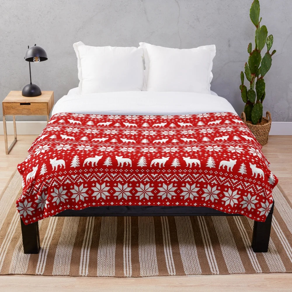 Plush blanket with French Bulldog silhouette holiday pattern