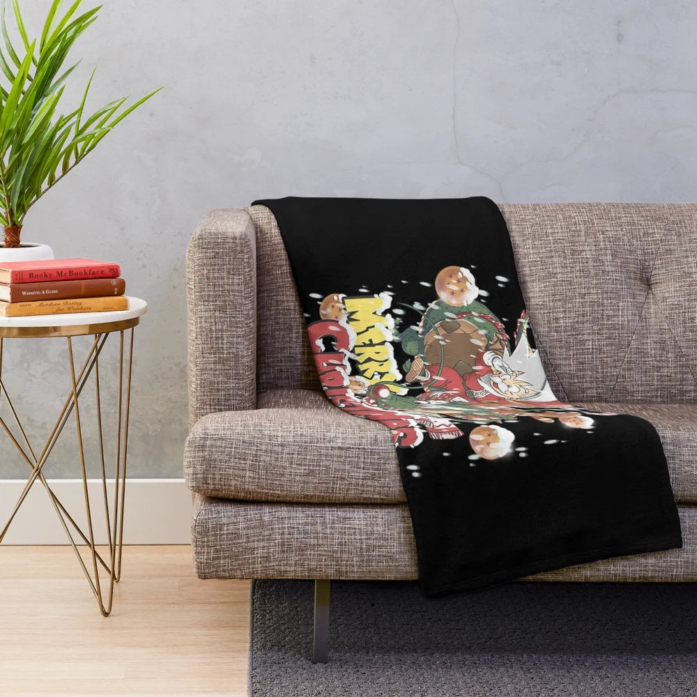 Goku-inspired plush blanket with dragon ball and holiday elements