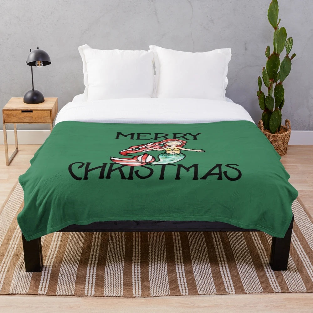 Merry Christmas mermaid plush blanket with golden scales and holiday design
