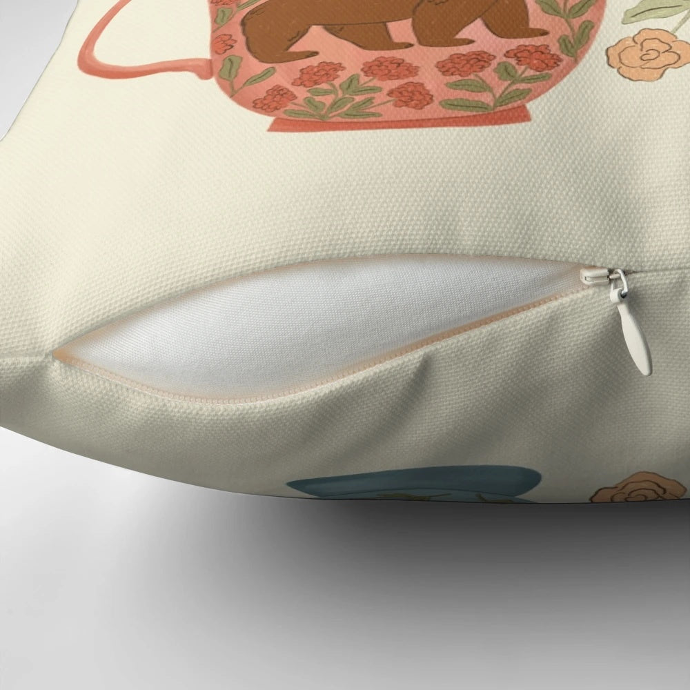 Floral and animal print teacups decorative throw pillow