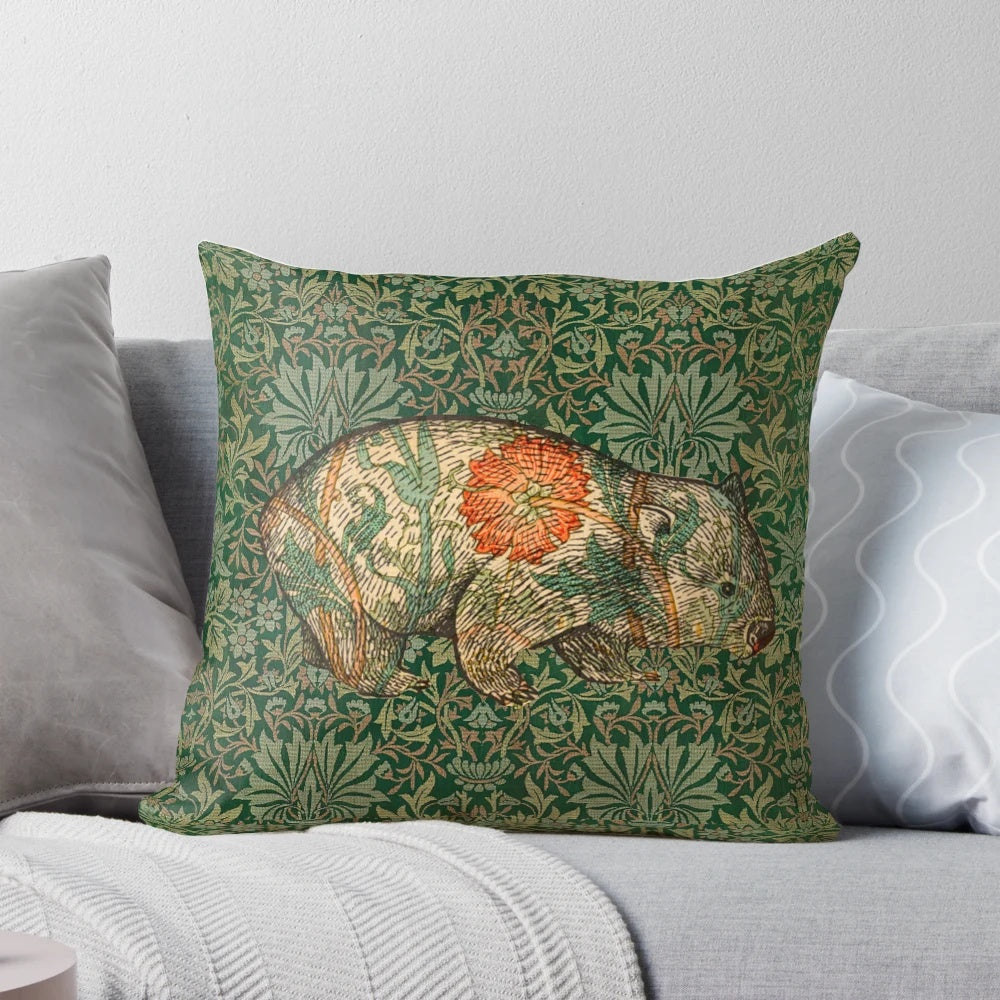 Decorative pillow featuring a wombat in a green floral garden, inspired by the art of Dante Gabriel Rossetti and William Morris