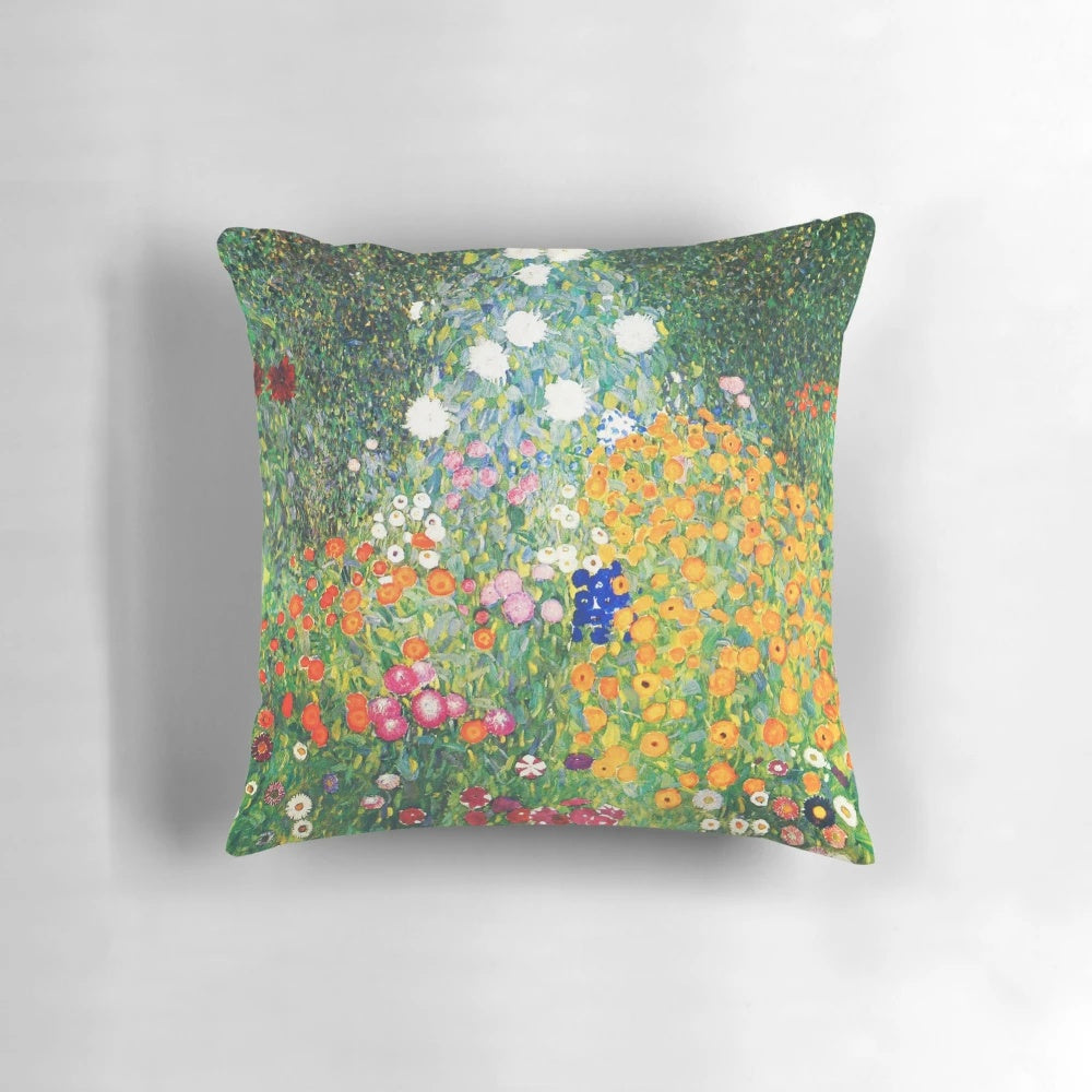 Vintage throw pillow featuring the iconic Flower Garden painting by Gustav Klimt