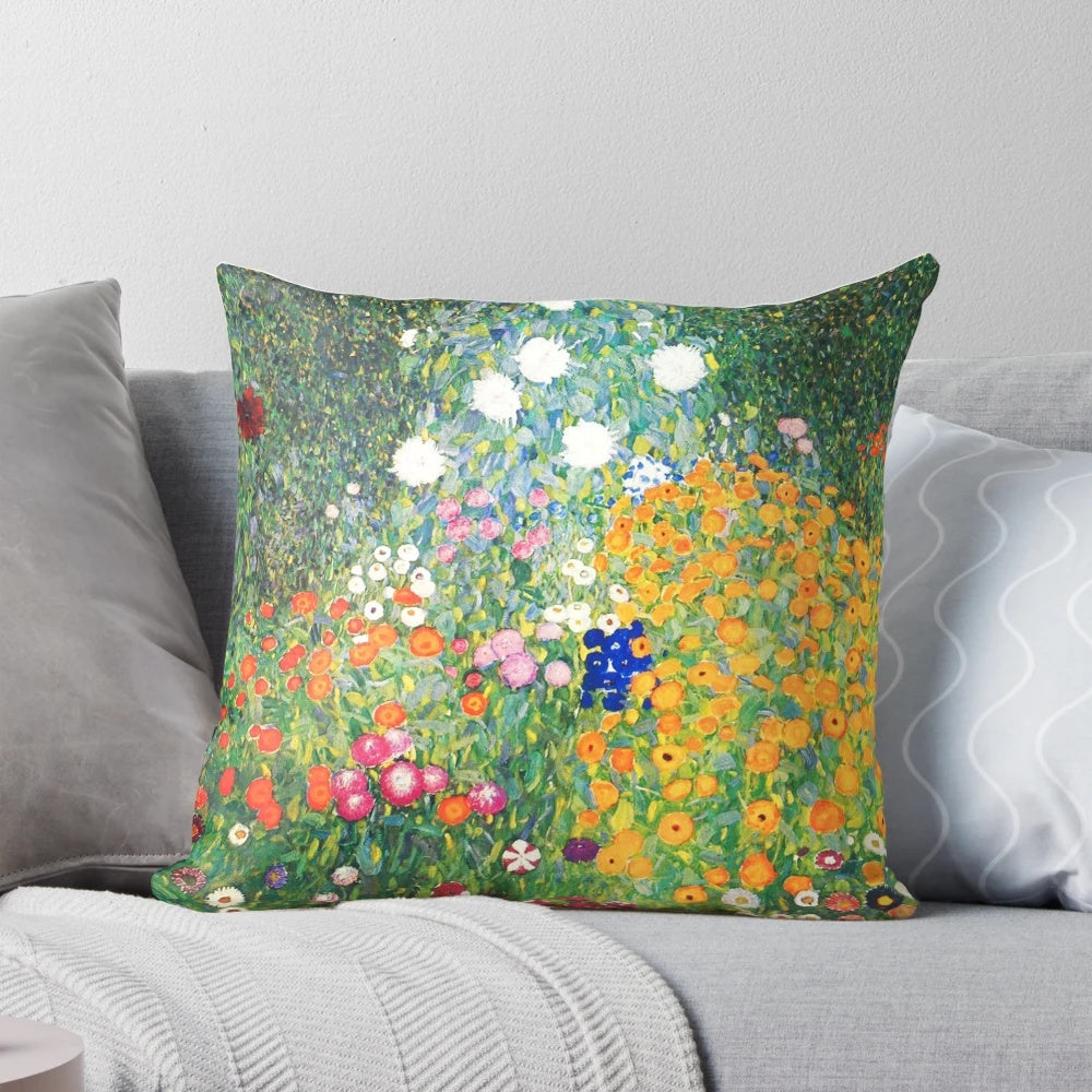Vintage throw pillow featuring the iconic Flower Garden painting by Gustav Klimt