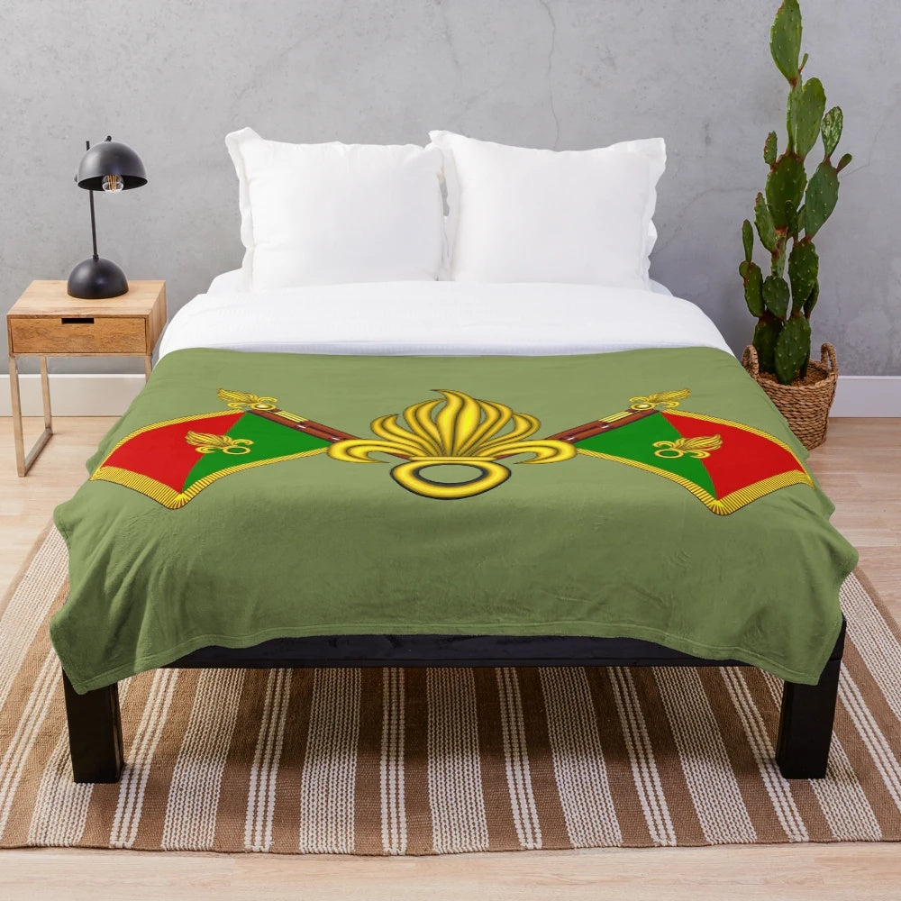 French Foreign Legion inspired plush blanket featuring fanion et grenades emblem