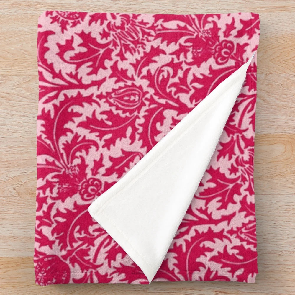 Fuchsia pink plush blanket with art nouveau inspired floral damask pattern