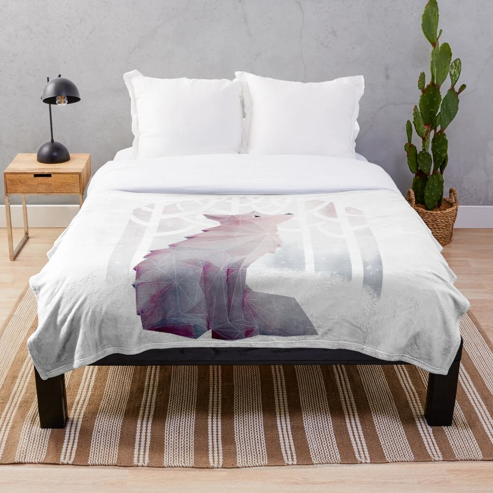 Geometric watercolor design of a fox in a snowy forest on a soft, plush blanket