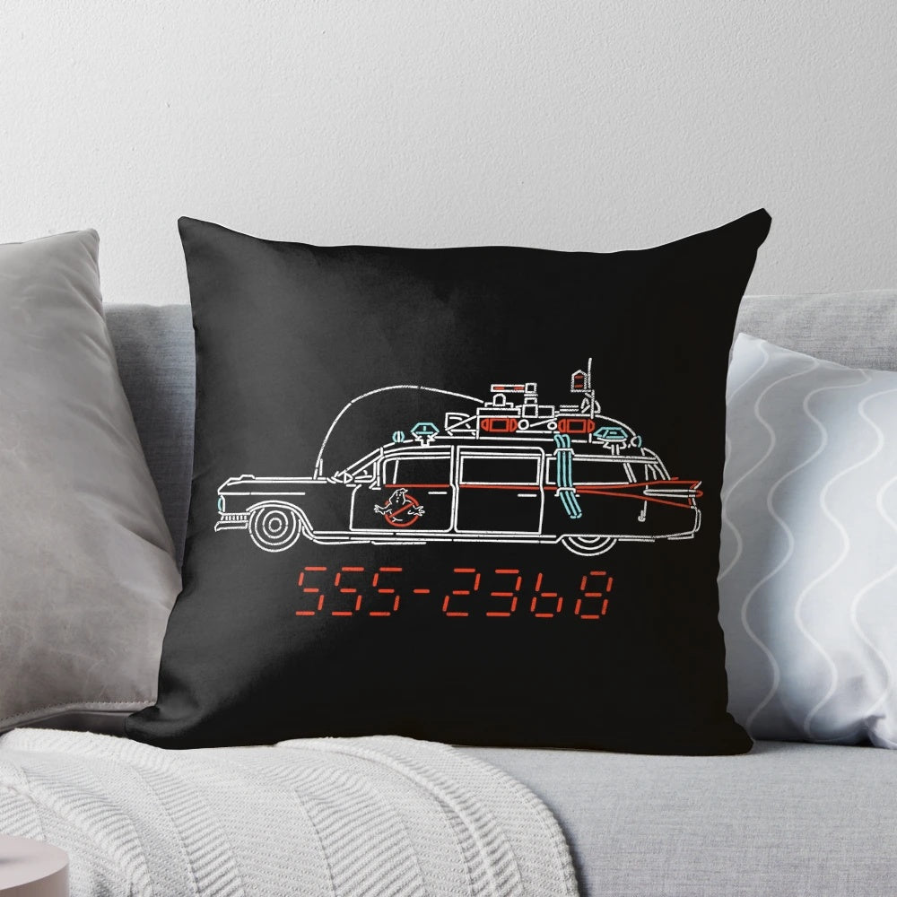 Ghostbusters-themed neon car pillow with ghosts, Slimer, and Stay Puft Marshmallow Man