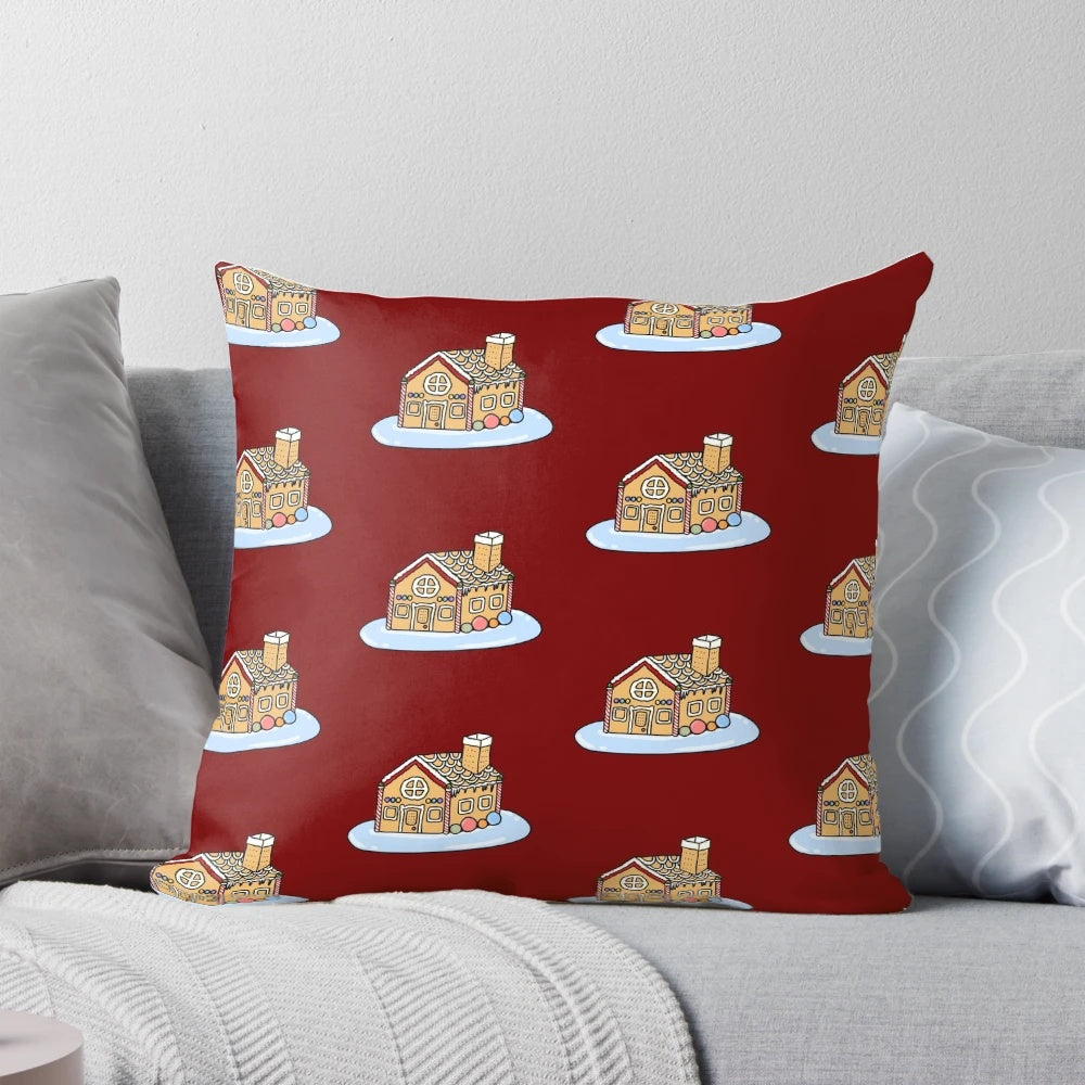 Soft, pastel-colored gingerbread house pillow for festive Christmas home decor