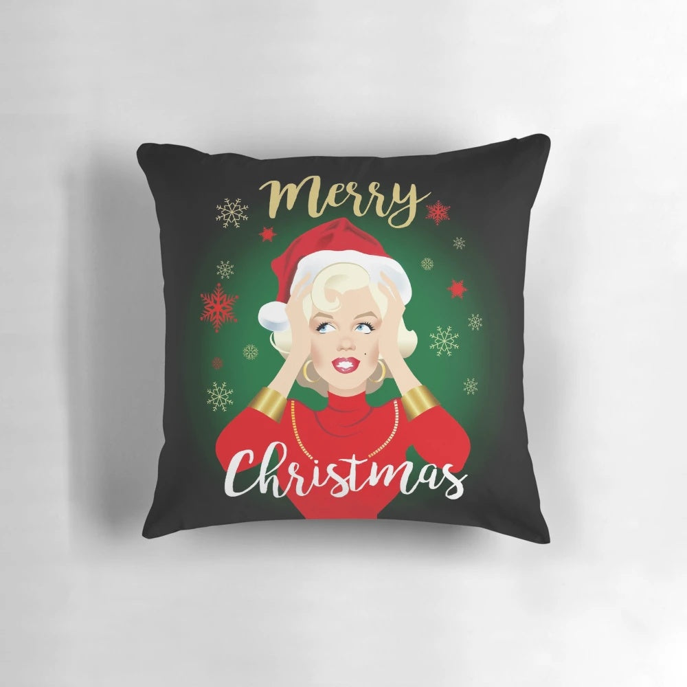 Blonde Christmas pillow with Marilyn Monroe-inspired design, perfect for vintage-style holiday decor