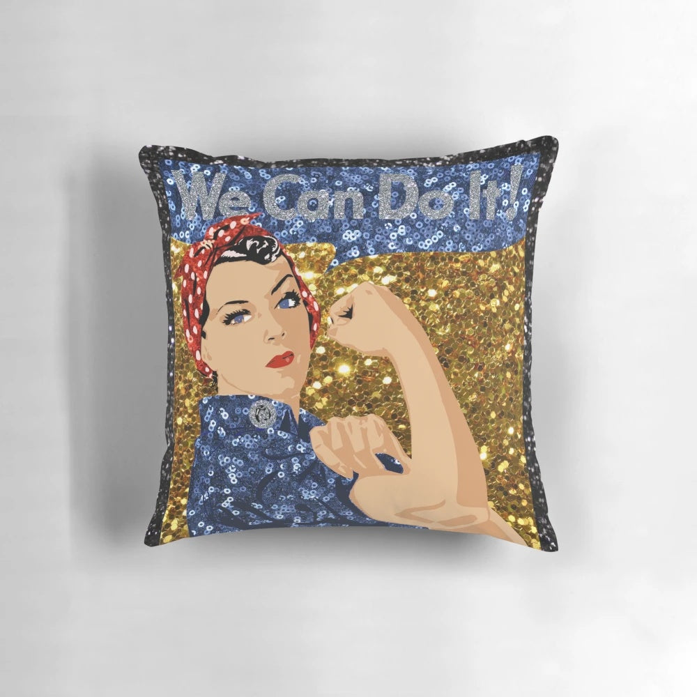 Glitter print Rosie the Riveter pillow, a vintage-inspired feminist home decor accessory.