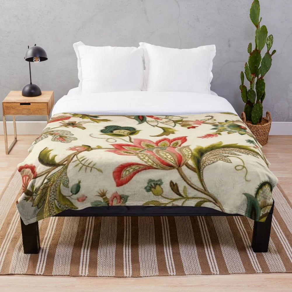 Jacobean floral crewel embroidery pattern digital art vector painting plush blanket