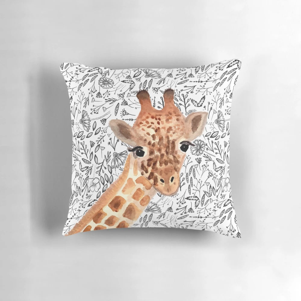 Watercolor painting of a giraffe on a decorative throw pillow
