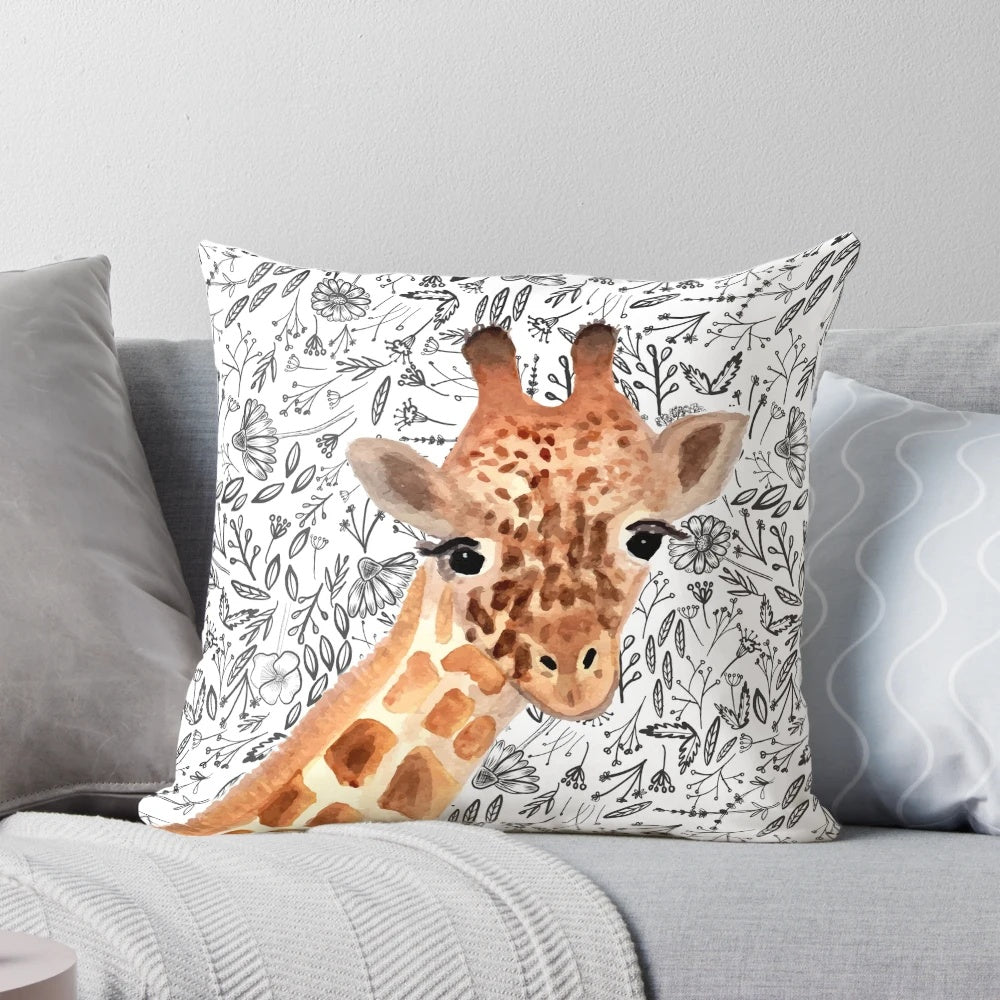 Watercolor painting of a giraffe on a decorative throw pillow