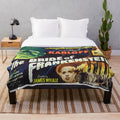 Bride of Frankenstein inspired plush blanket with classic horror movie imagery