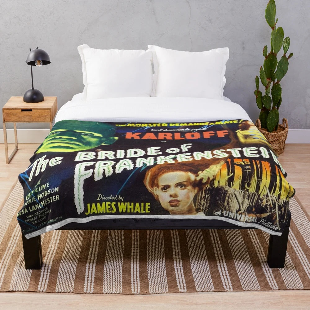 Bride of Frankenstein inspired plush blanket with classic horror movie imagery