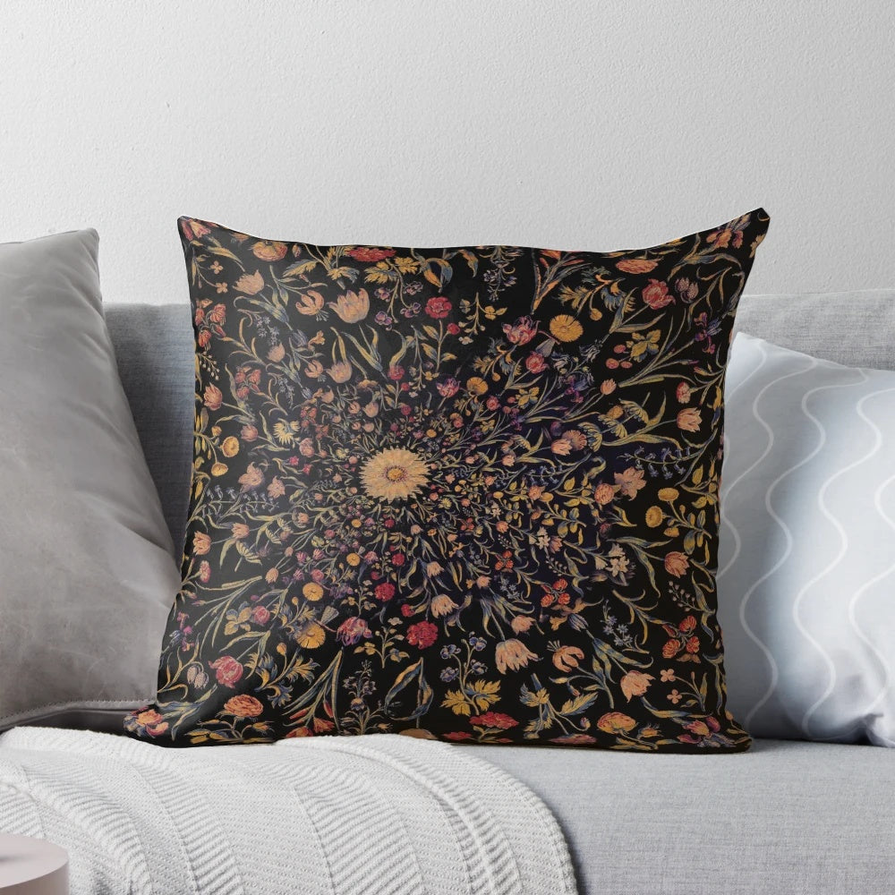 Black and white medieval flowers printed on a decorative pillow cover