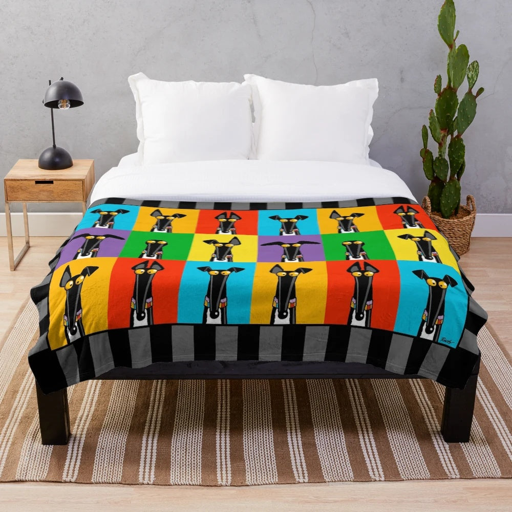 Greyhound plush blanket featuring a cartoon dog design