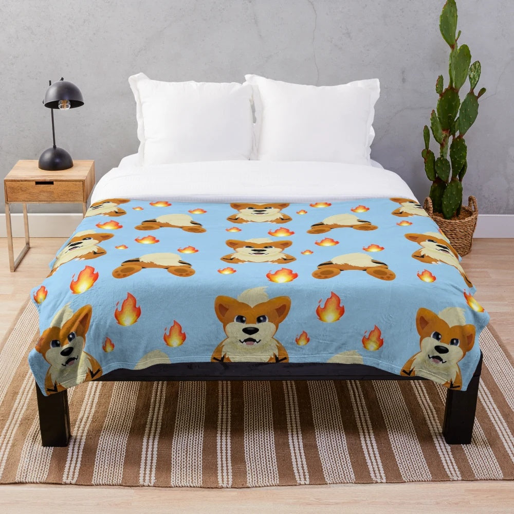 Growlithe-themed plush blanket with fire, orange, and red colors