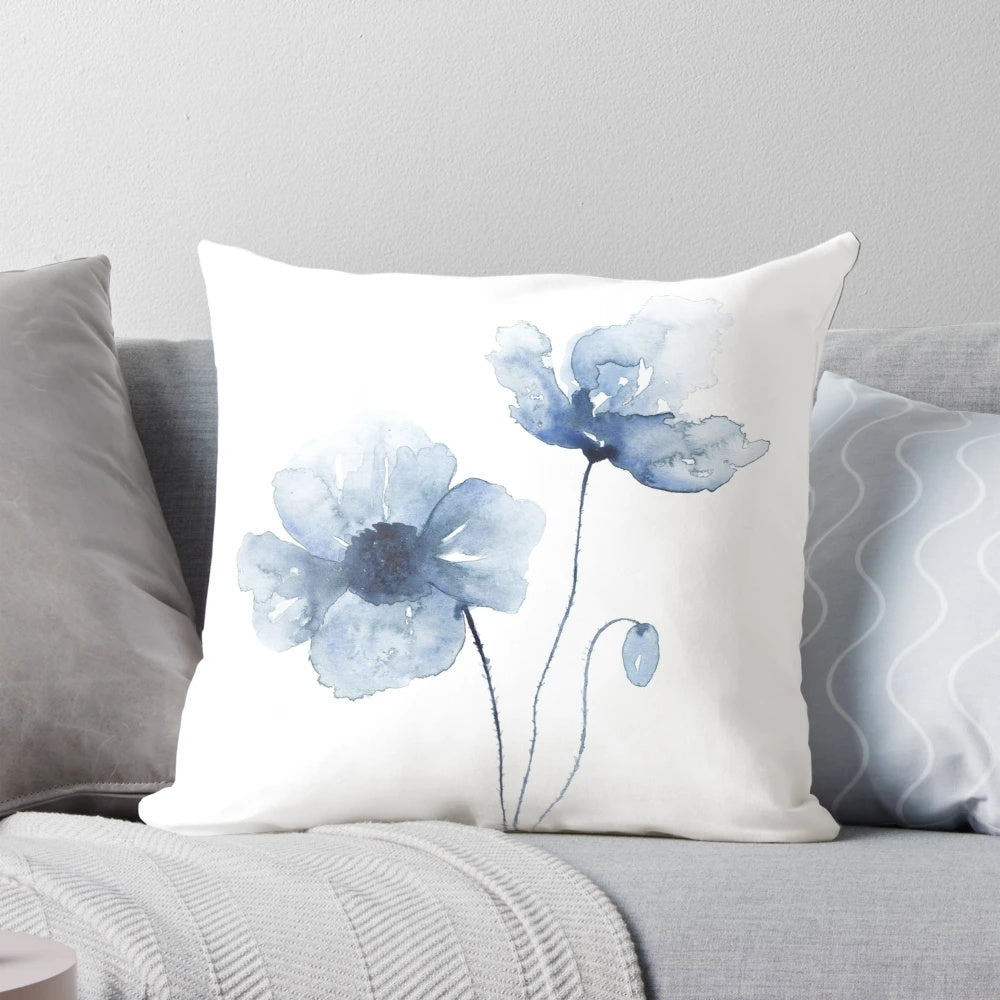 Soft blue watercolor poppies decorative pillow, featuring a beautiful floral design