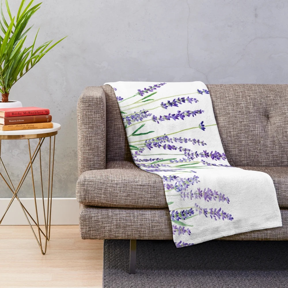 Handpainted lavender plush blanket with floral watercolor design