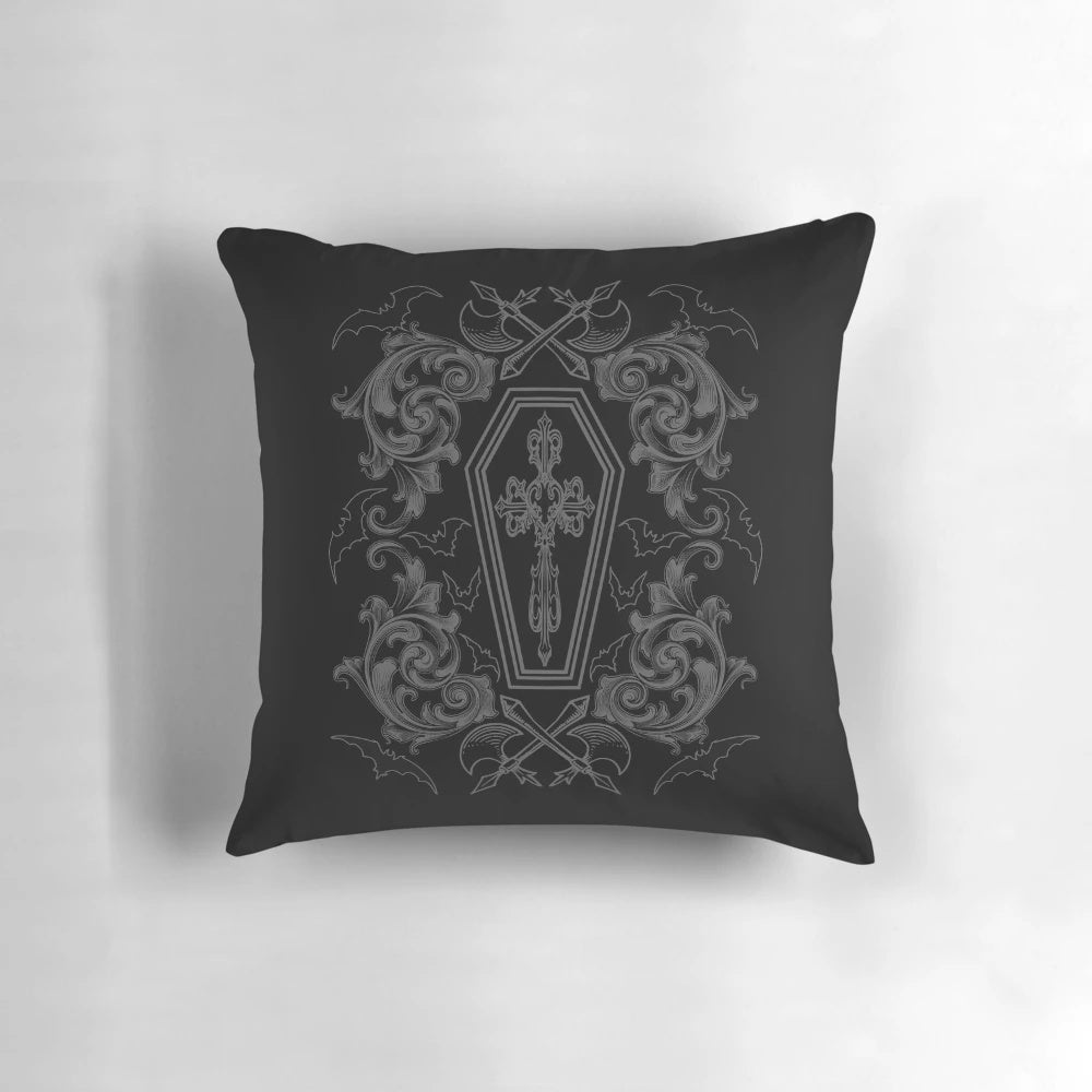 Vampire-themed decorative pillow with dark damask pattern and gothic cross design.