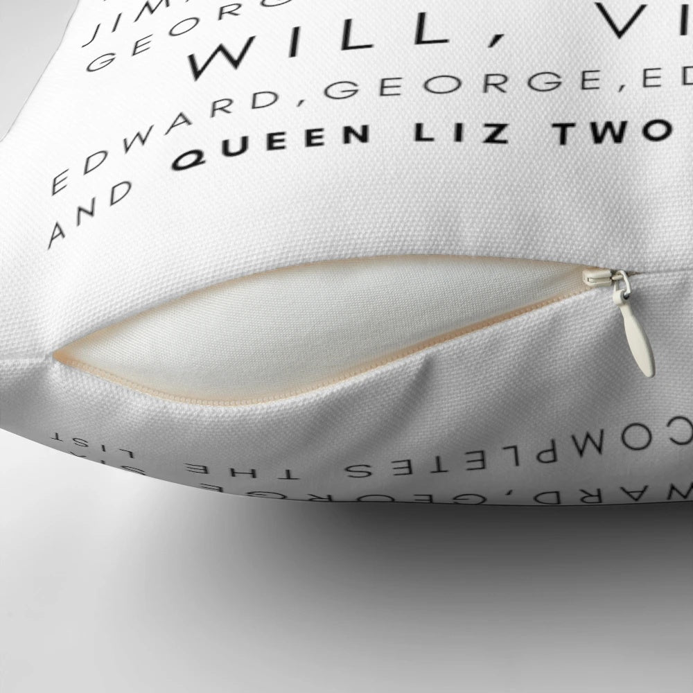 Decorative pillow featuring illustrations of historic British kings and queens from the Horrible Histories series