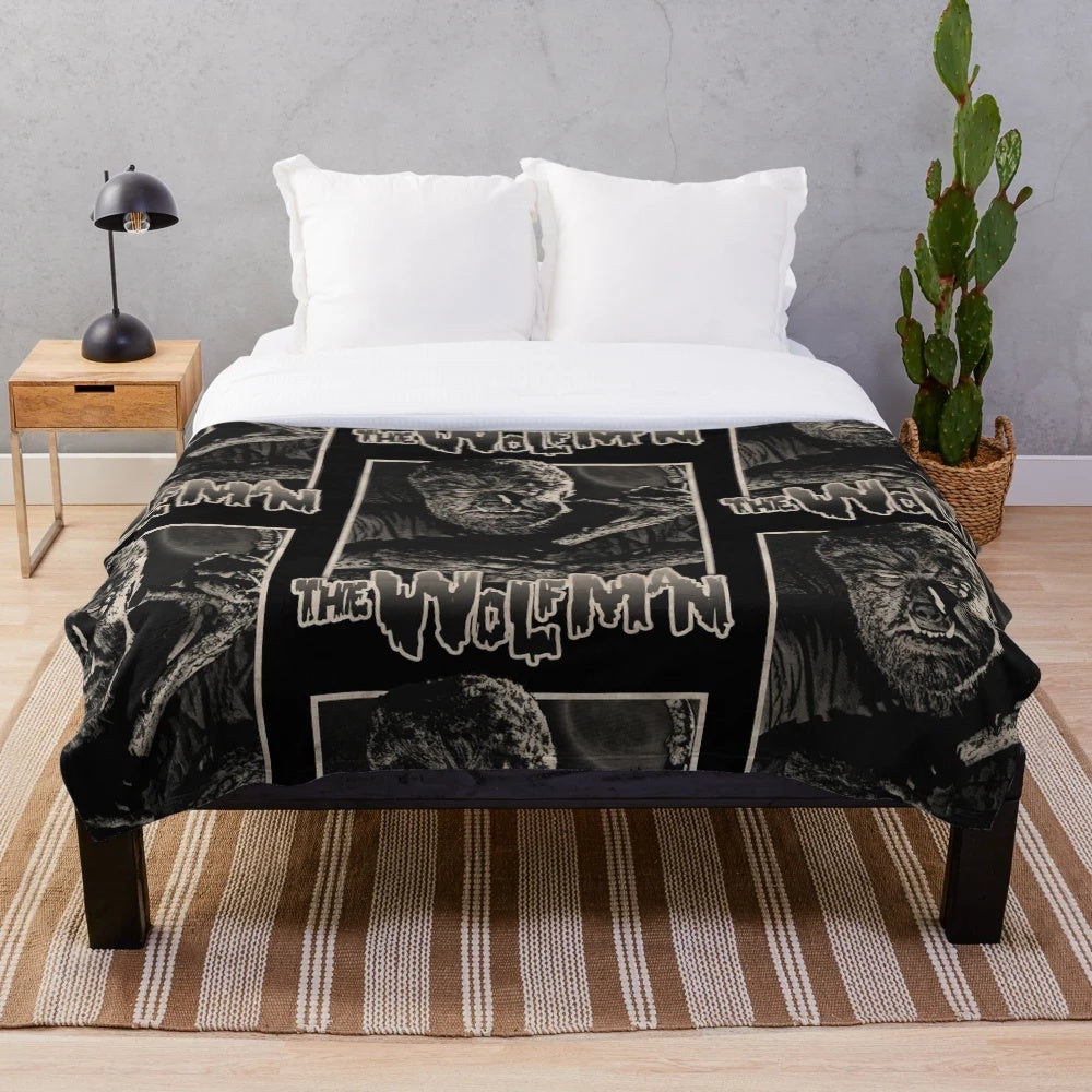 Werewolf plush blanket with vintage horror movie design